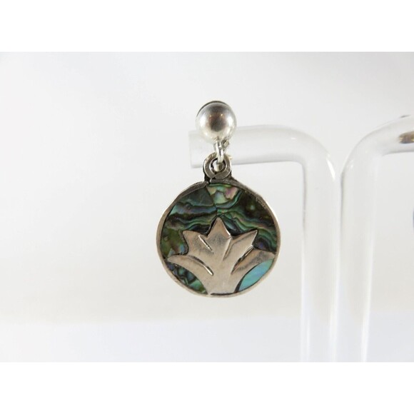 Figural Palm Leaf Disc Abalone & Sterling Taxco Mexico VKE Silver Screw Back Ear - Picture 2 of 9